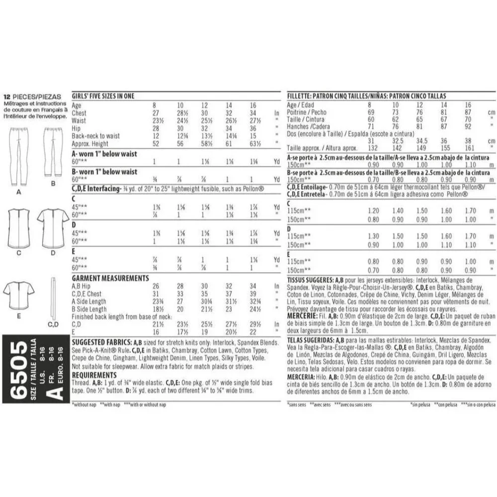 New Look Sewing Pattern 6505 Tops Leggings Girls Plus Size‎ 8-16